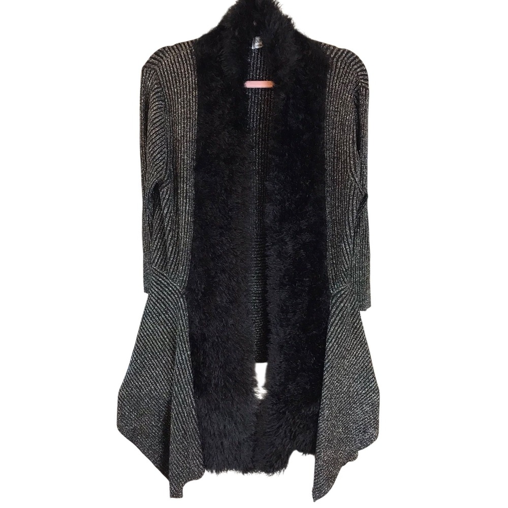 LAUREN MICHELLE FUR TRIM Cardigan Black Silver Adorable XL 3/4 sleeves Gorgeous